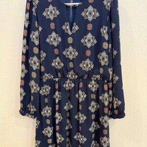 Express Navy and White Patterned Long Sleeve Dress